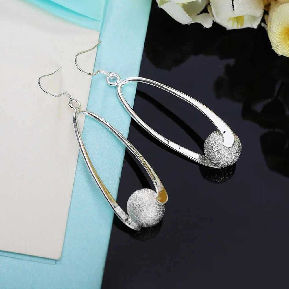 Beautiful Frosted Bead Hanging Earrings .925 Sterling Silver " Hypoallergenic " - Picture 3 of 6